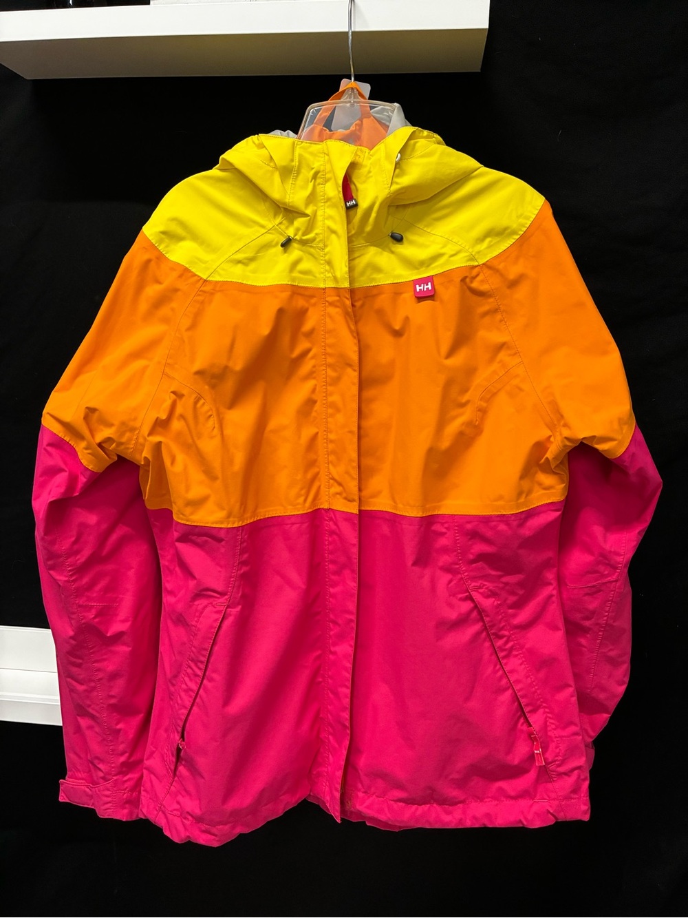 Helly Hansen ladies Colorblock Hooded Rain Jacket - Yellow, Orange, Pink
